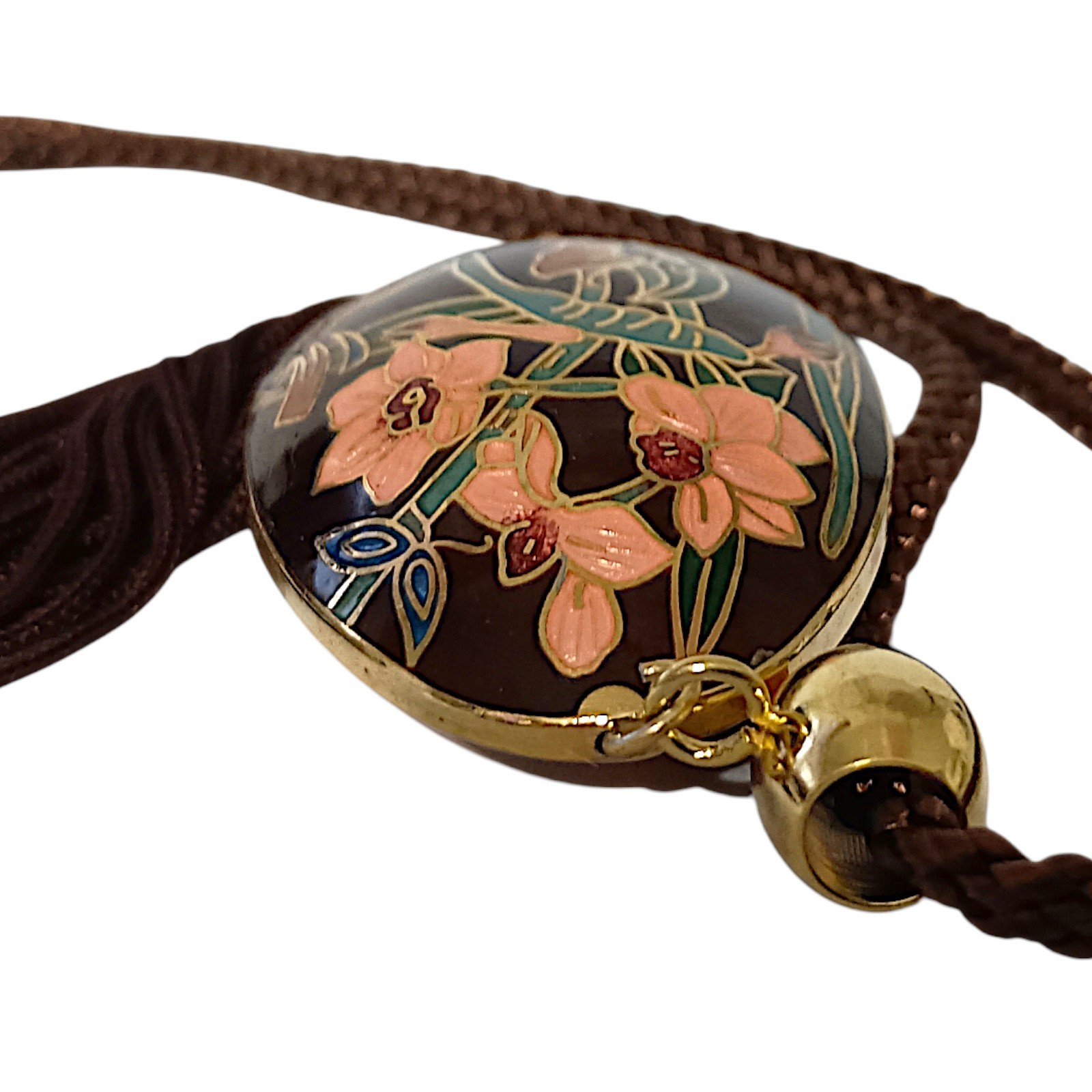Vtg Butterfly Cloisonne Necklace 70s Pendant Tassel Woven Cord Brown Dual Sided