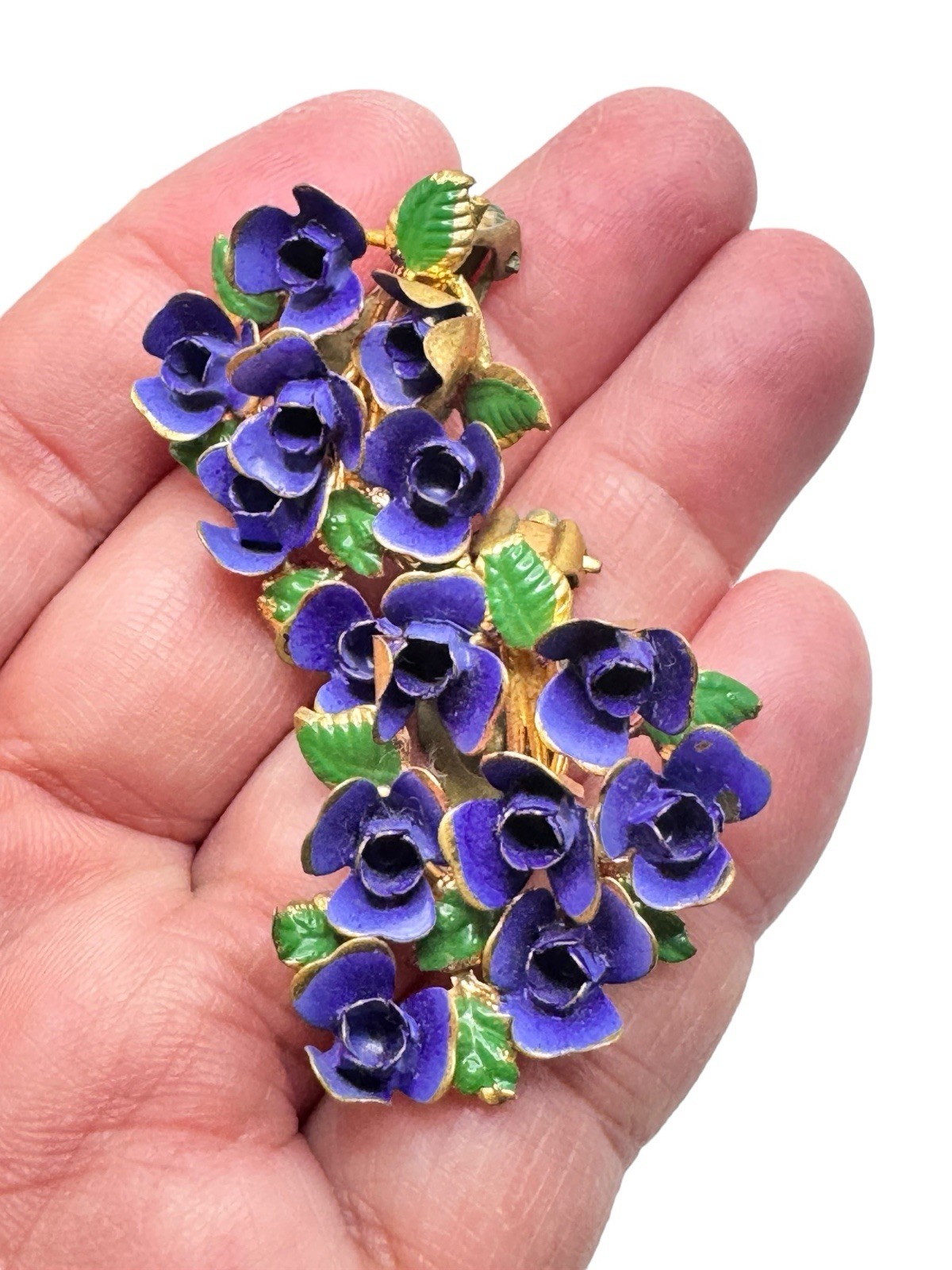 Vintage Enamel Pansy Violet Flower Necklace Earrings Set Suffragate Era