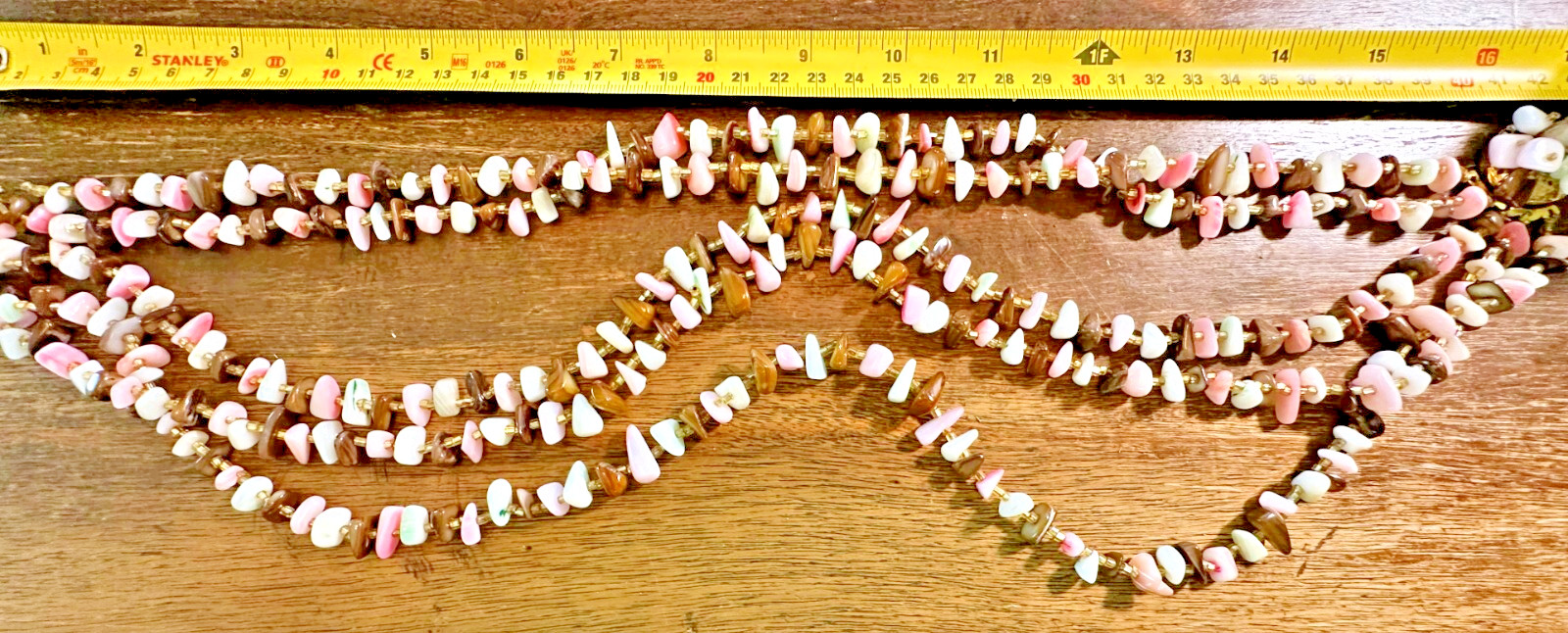 Vintage PUKA Style STONE Necklace 5 STRAND Tiger’s Eye & Pink Rose White Pastels