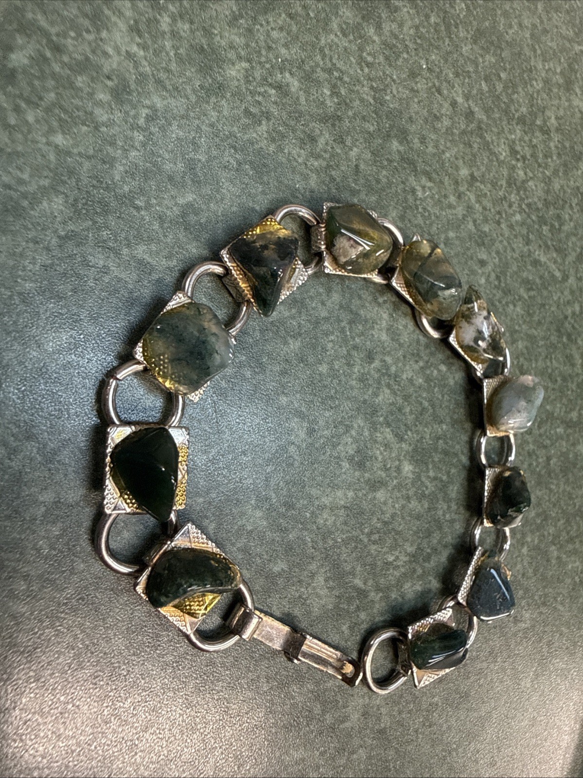 Vintage Polished Stone Link Bracelet multi color natural Green-earthtone jewelry