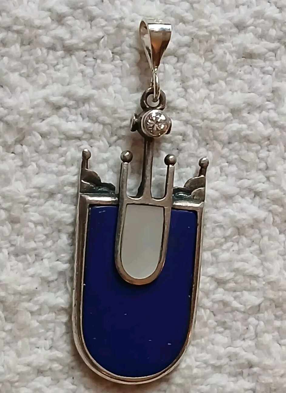 VTG Pendant Kreitto Greece 925 Abstract Water Figural Blue Lapis MOP 2″ Necklace