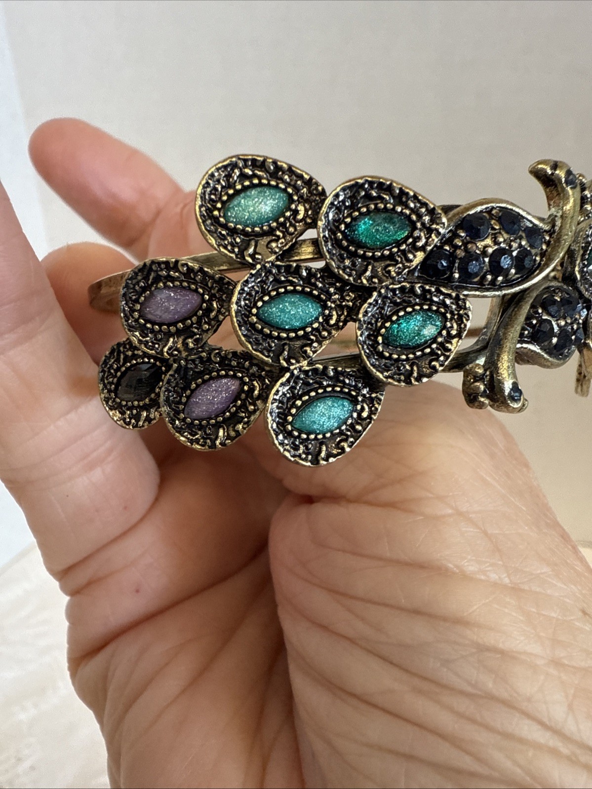 Vtg Peacock Bracelet Gold Green/ Purple Hinged Opens Front