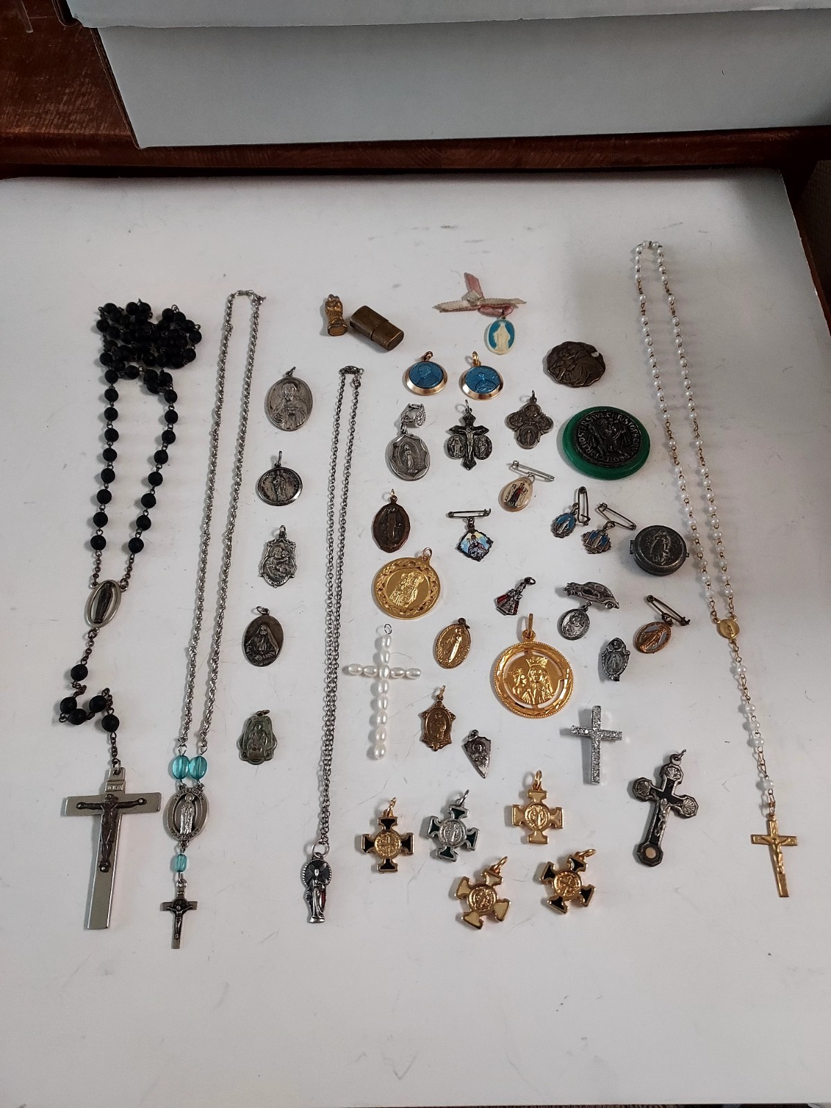 Huge Religious Lot Cross Rosary Beads Small Silver Pin Charms Mixed Lot 40 Pcs.