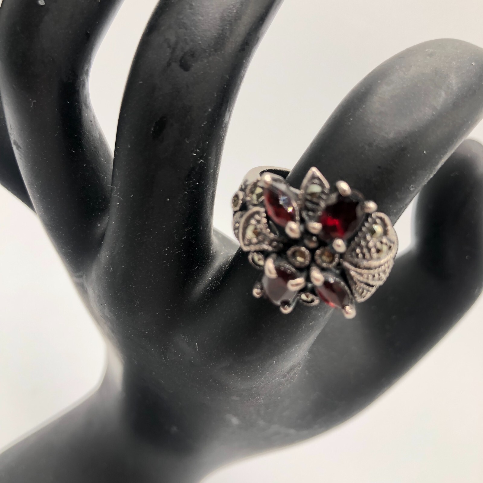 Art Deco Garnet Marcasite Ring 4 Asymmetrical stones different shapes 925 size 7