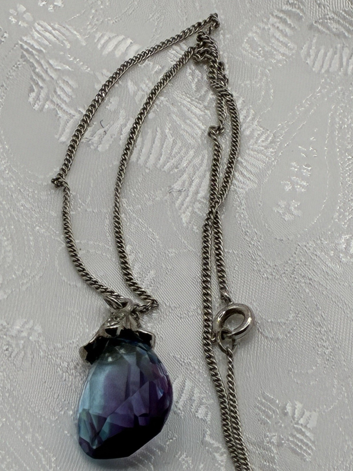 Vintage Purple/Blue Faceted Pear-Shape, CZ Bail Crystal Pendant On 925 18” Chain