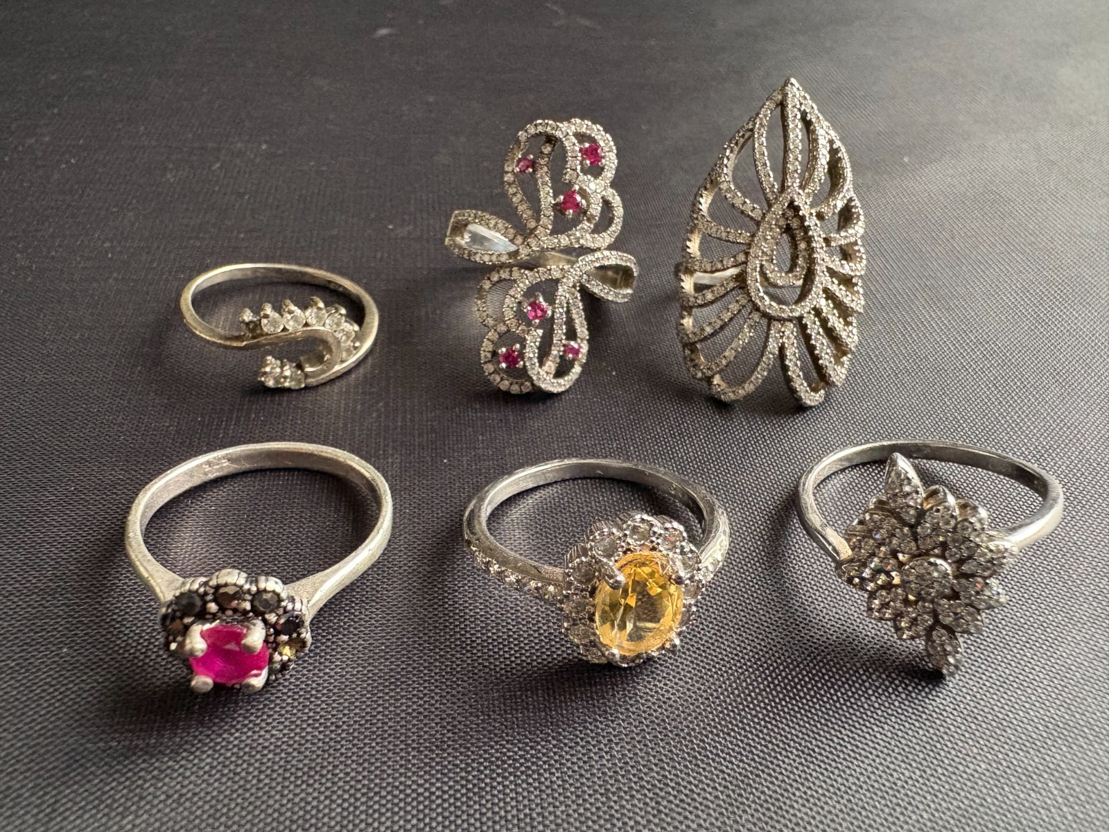 925 Sterling Silver 6 Rings Lot For Repair Missing Small Stones -Different Sizes