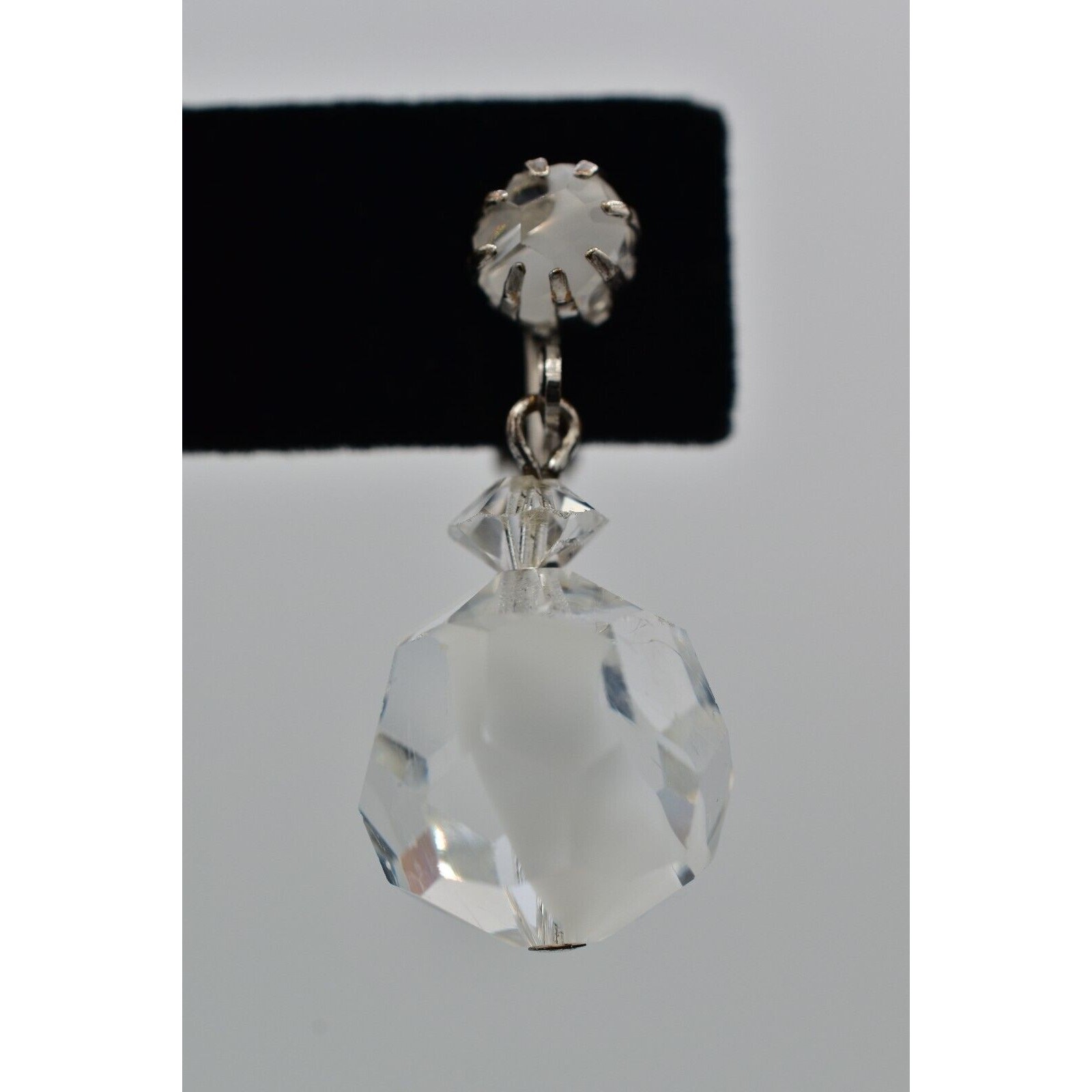 Vintage Crystal Clip On Earrings Silver Dangle Clear Ball Drop Glam 1950s A24