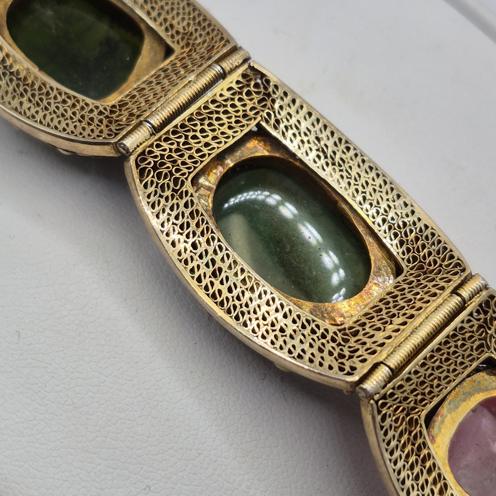 Vintage Silver W/ Gold Wash Chinese Export Tourmaline Enamel Filigree Bracelet