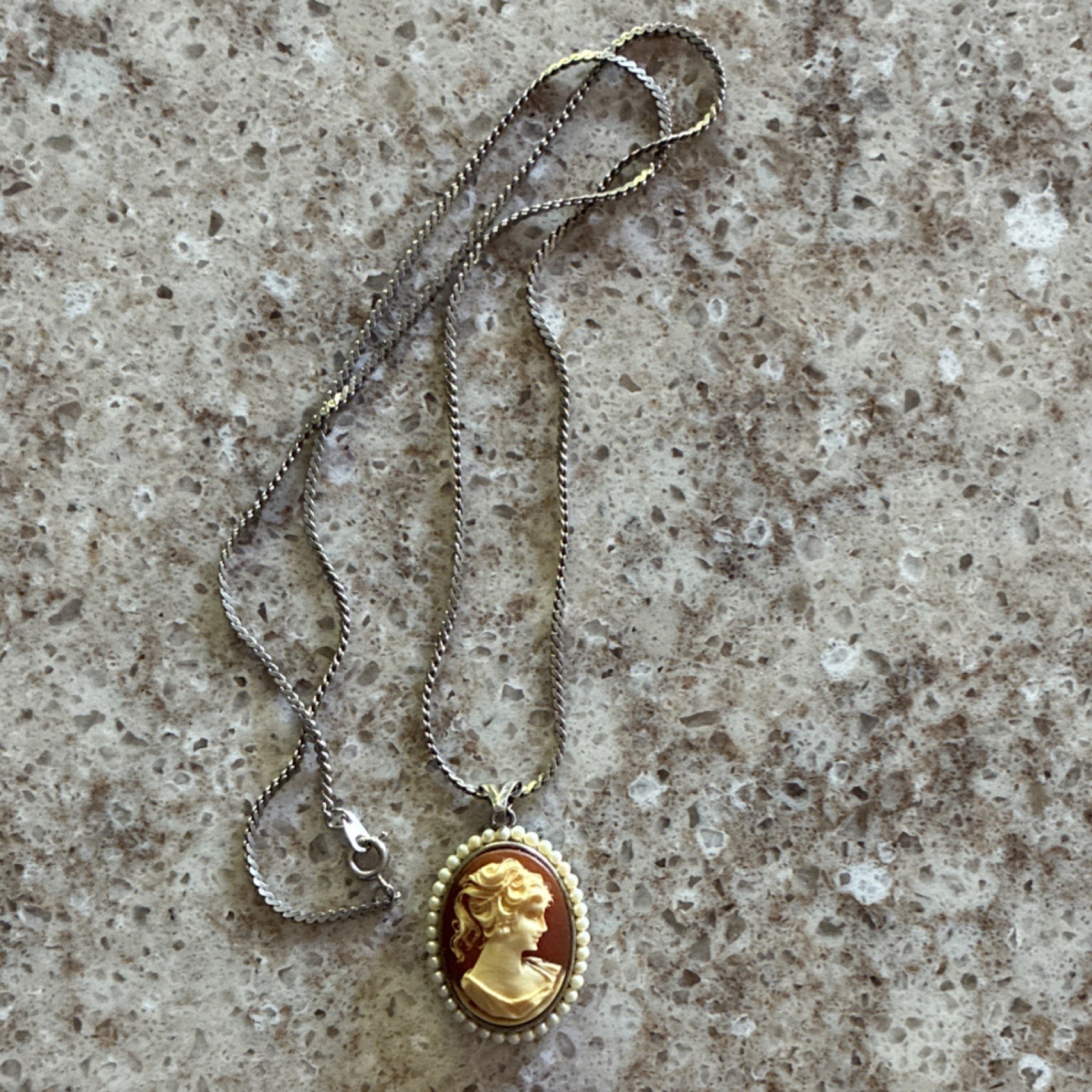 GENUINE Hand Carved Cameo Pendant Necklace with Pearl Border