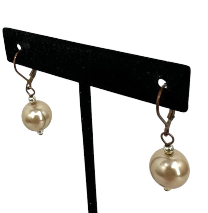 Vintage Brass Tone Faux Pearl Drop Earrings Leverback Classic Elegant Dangle