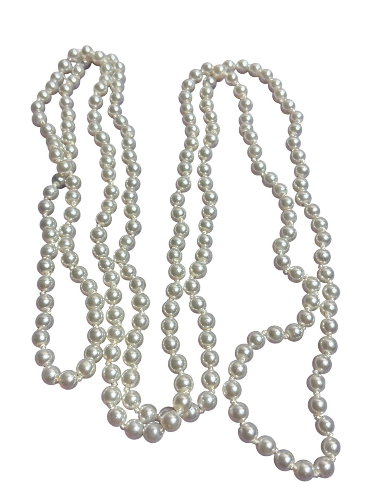 Vintage Knotted Glass Faux Pearl Necklace Rope Length 60 inches Long