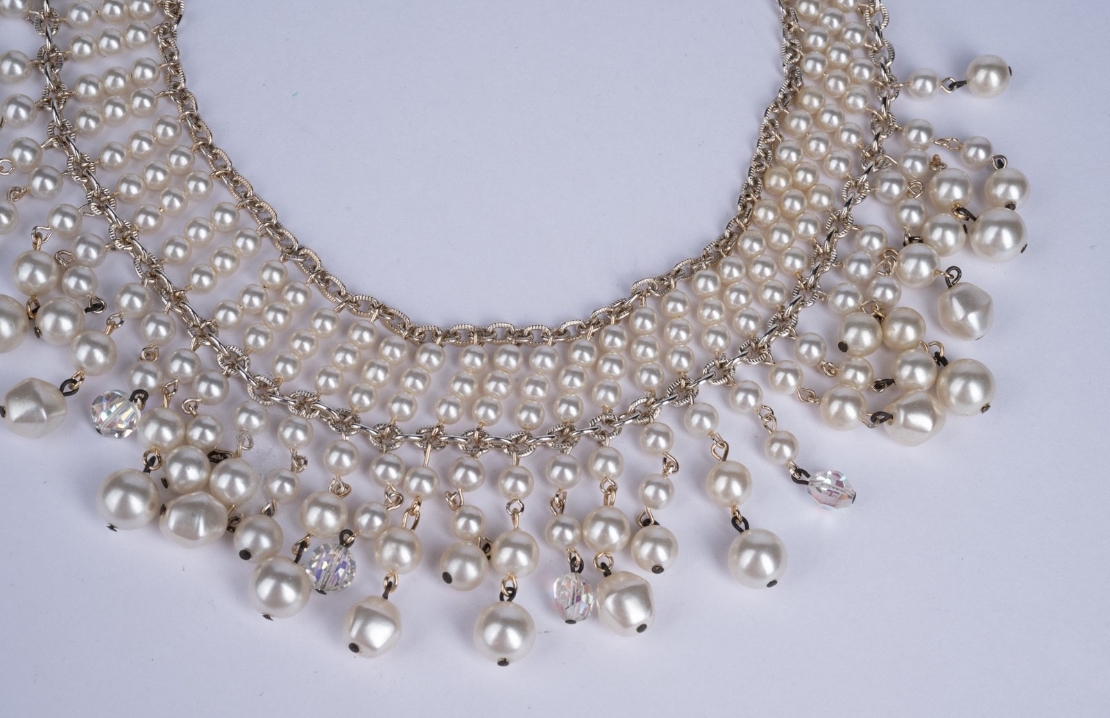 Vintage Faux Pearl Bib Collar Necklace Beaded Fringe Crystal Accents 17″