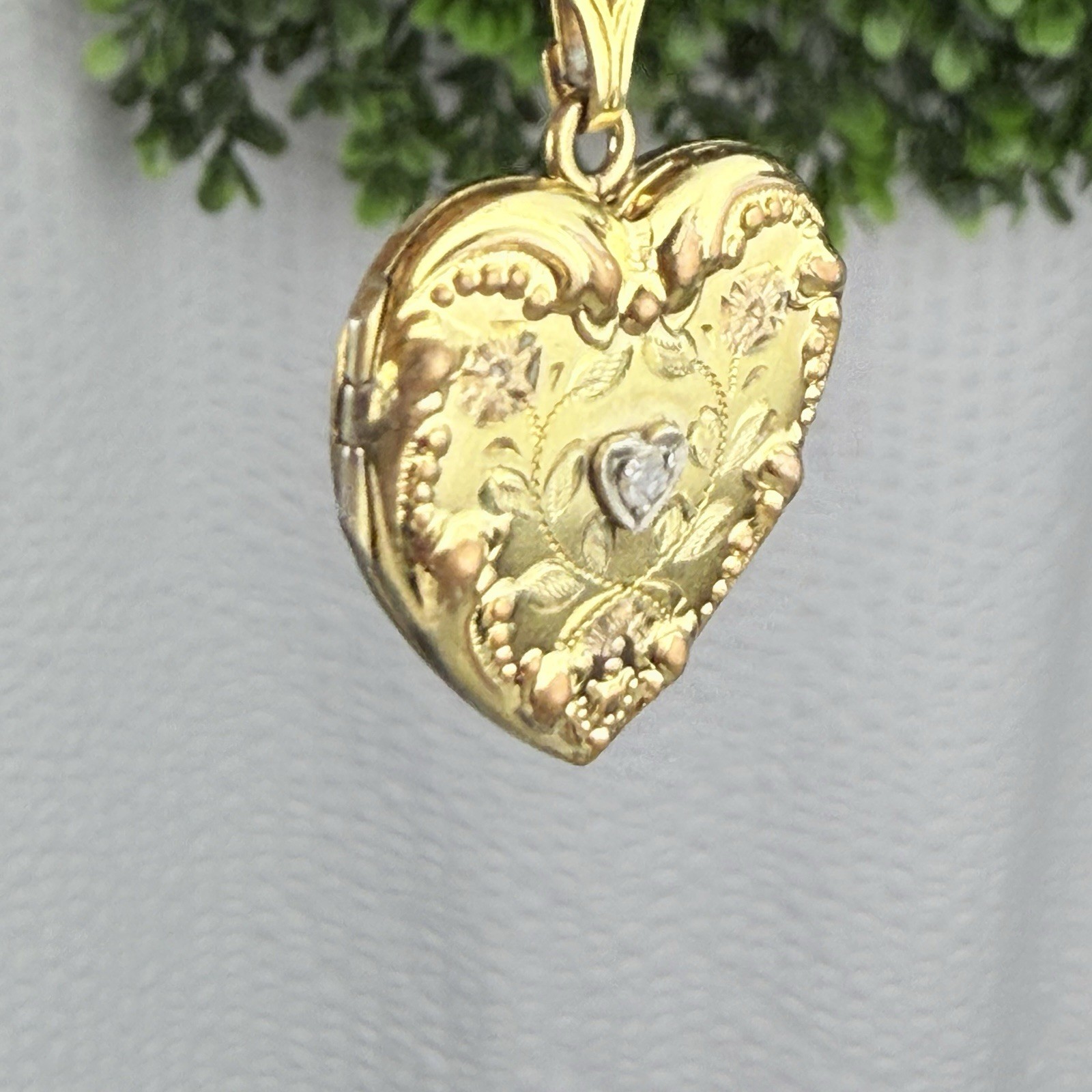 Antique Victorian Art Deco Gold Filled Diamond Heart Locket Pendant Necklace