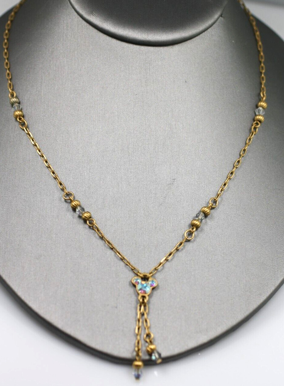 Satin Matte gold tone AB crystal micky mouse Disney pendant necklace chain 18″