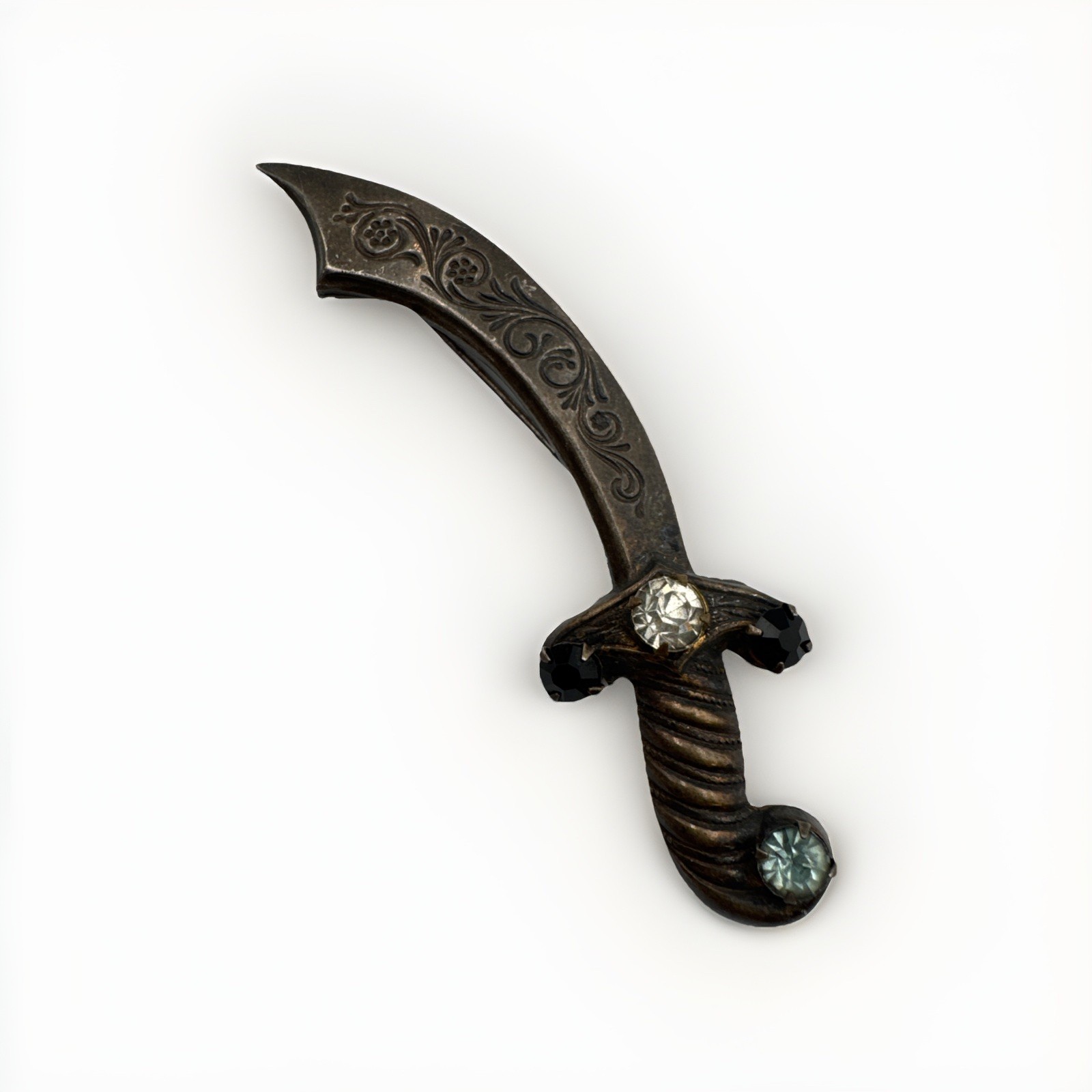 Sterling Silver 925 Light Blue & Teal CZ Stone VTG Scimitar Sword 3″ Brooch 4.2g