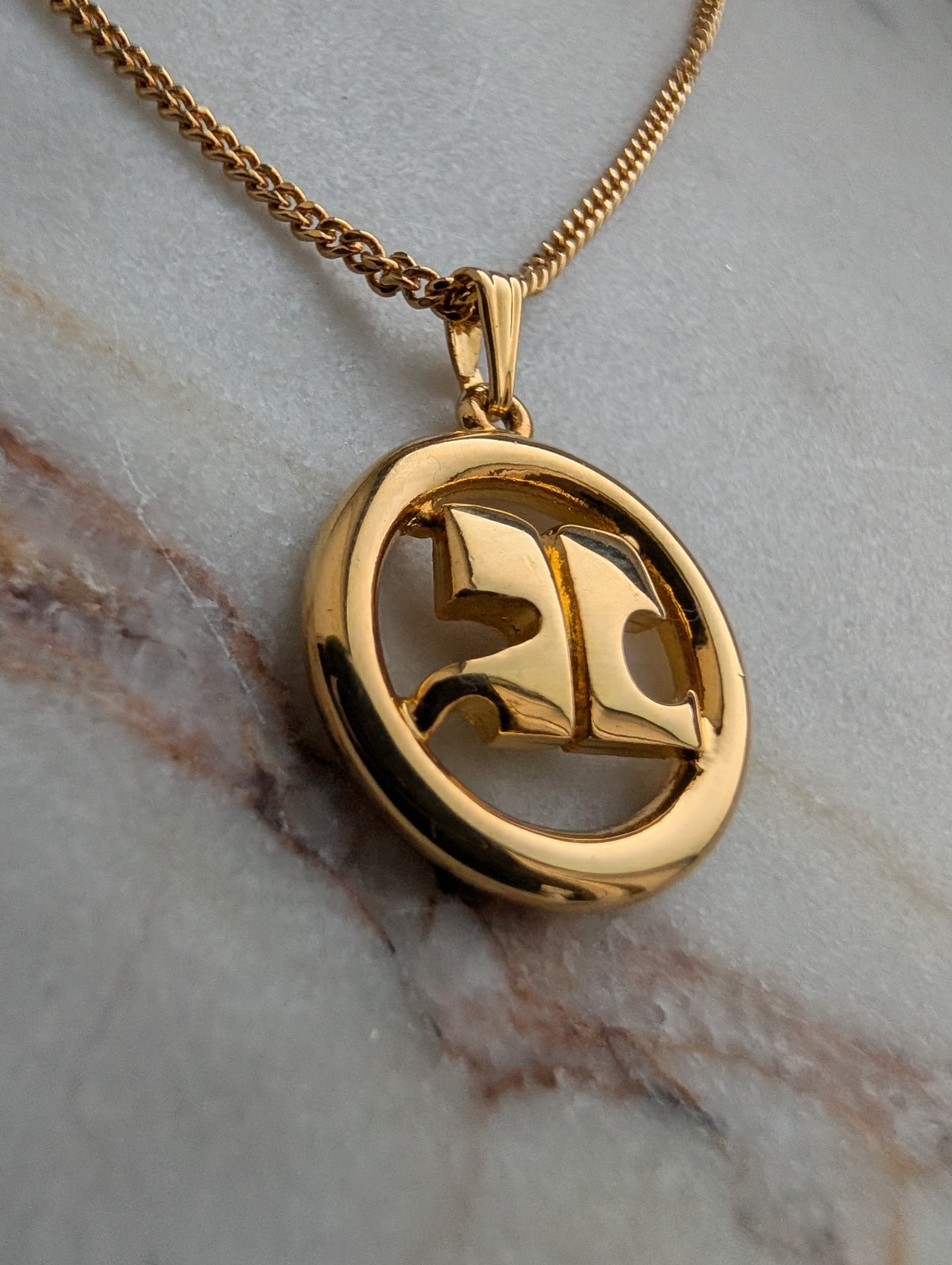 Vintage Courrèges Gold-Plated Circular “AC” Logo Pendant Necklace