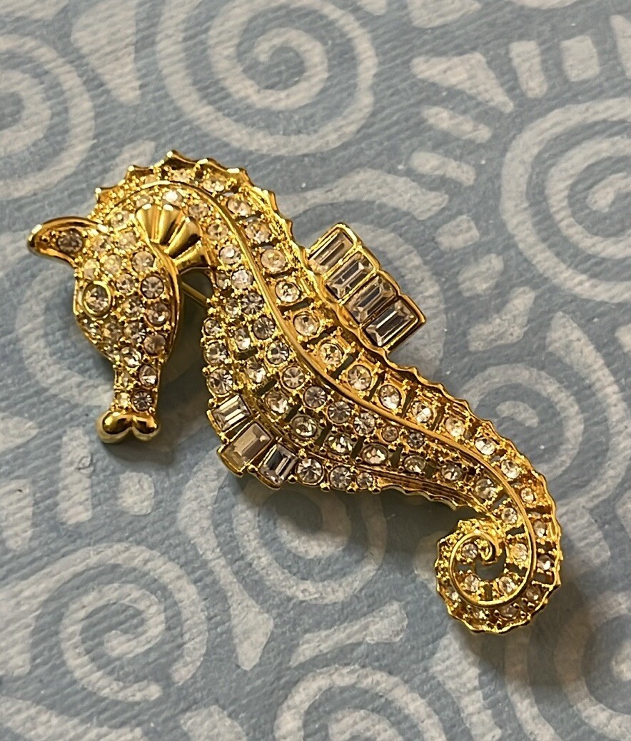 Nolan Miller Goldtone Seahorse Brooch Clear Round And Emerald Cut Rhinestones