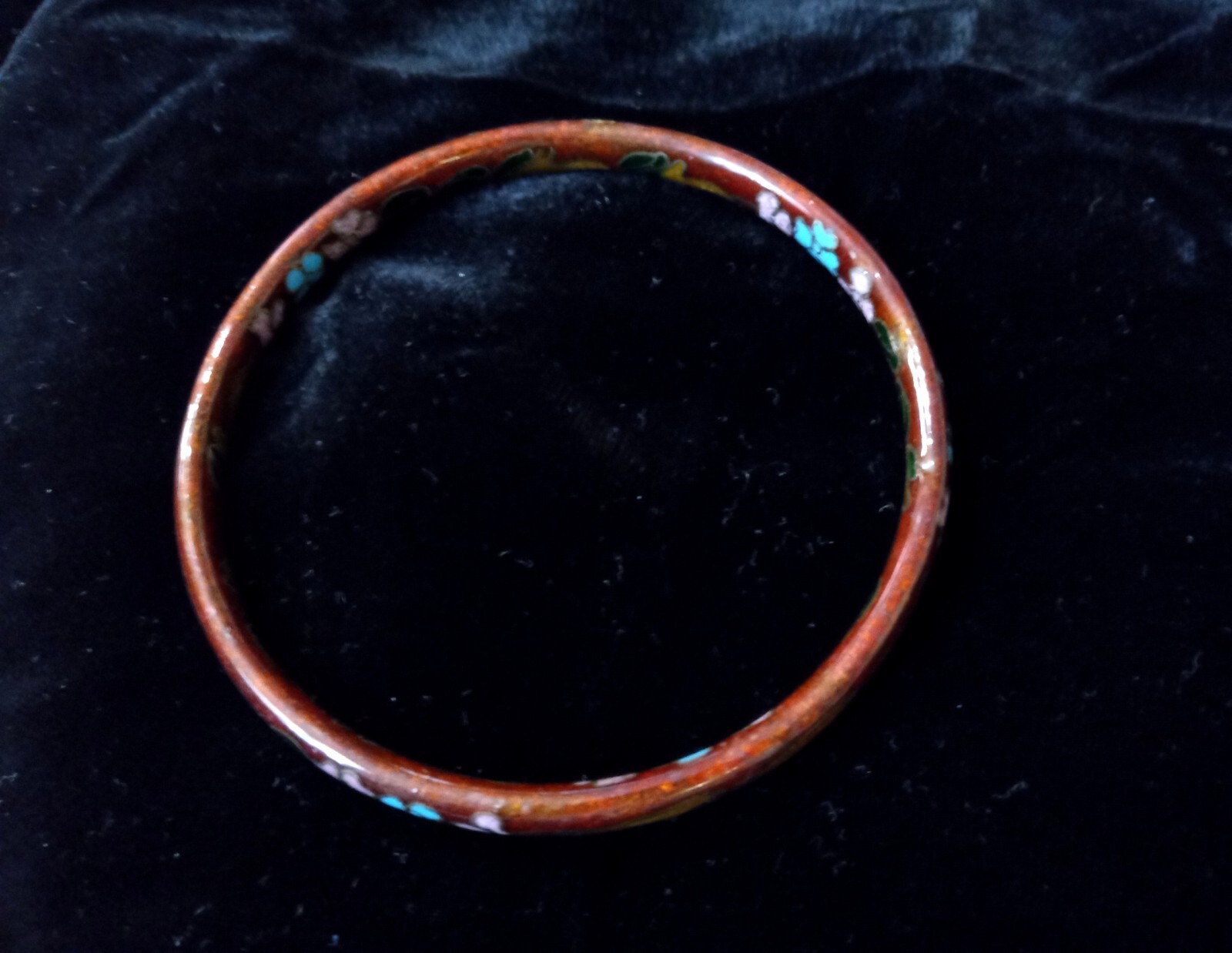 Vintage Chinese Redish Brown Gold Cloisonne Enameled Flower Bangle Bracelet