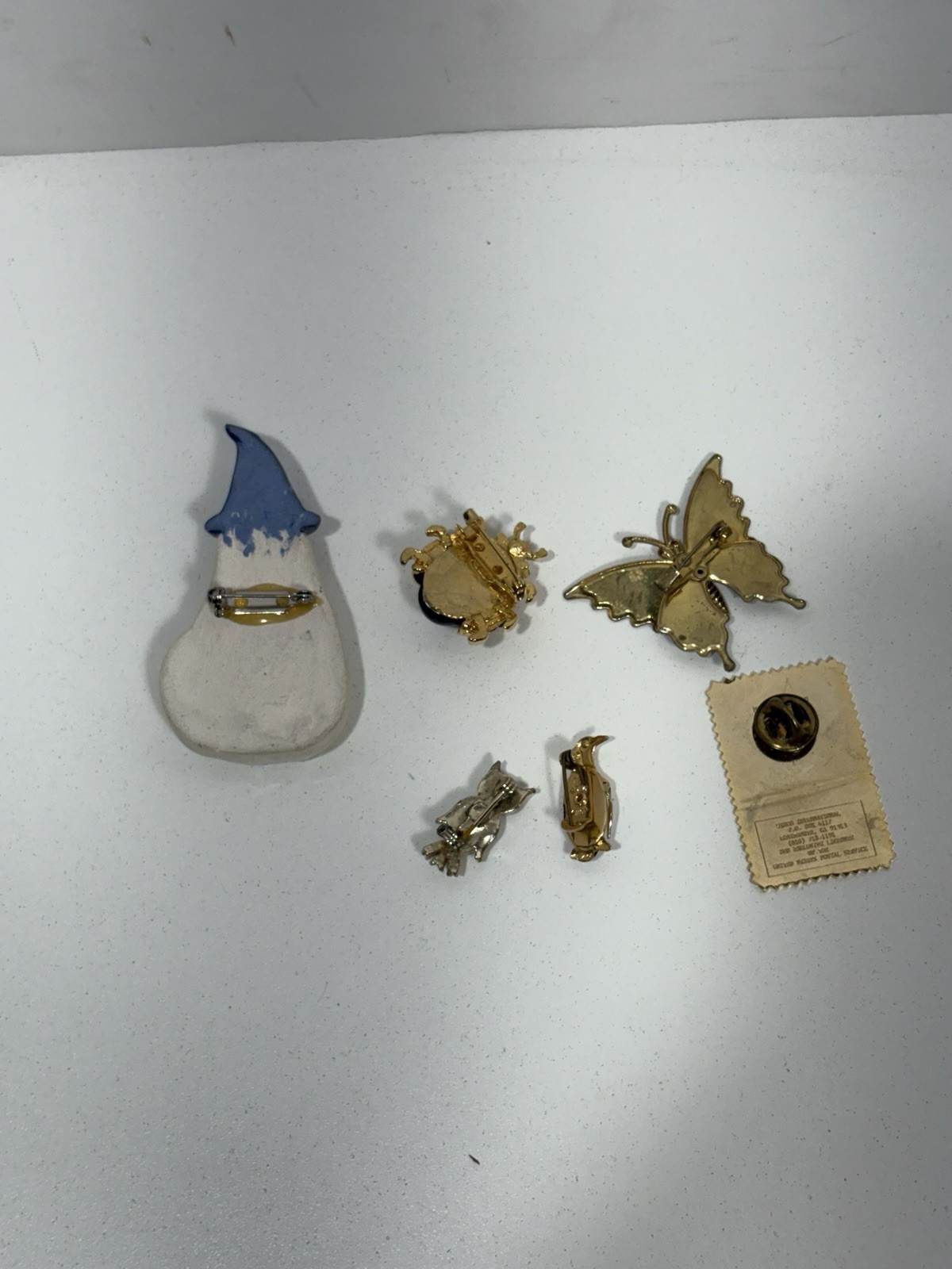 Vintage Brooch Pin Lot 6 Bug Green Cat Owl Penguin Butterfly Rhinestones Animals