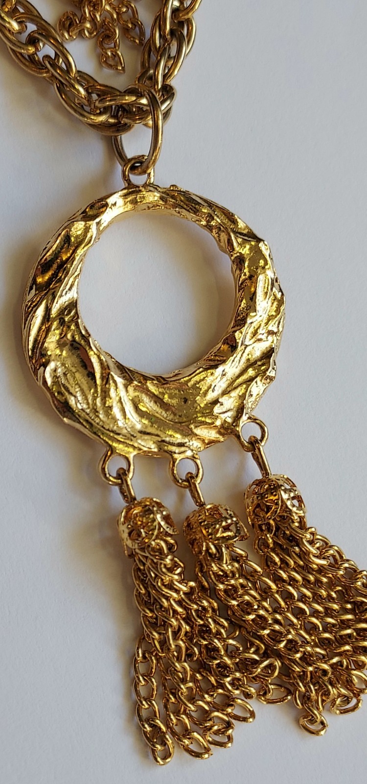Vintage Multi Strand Festoon Tassel Necklace Circle Pendant Gold Tone Statement