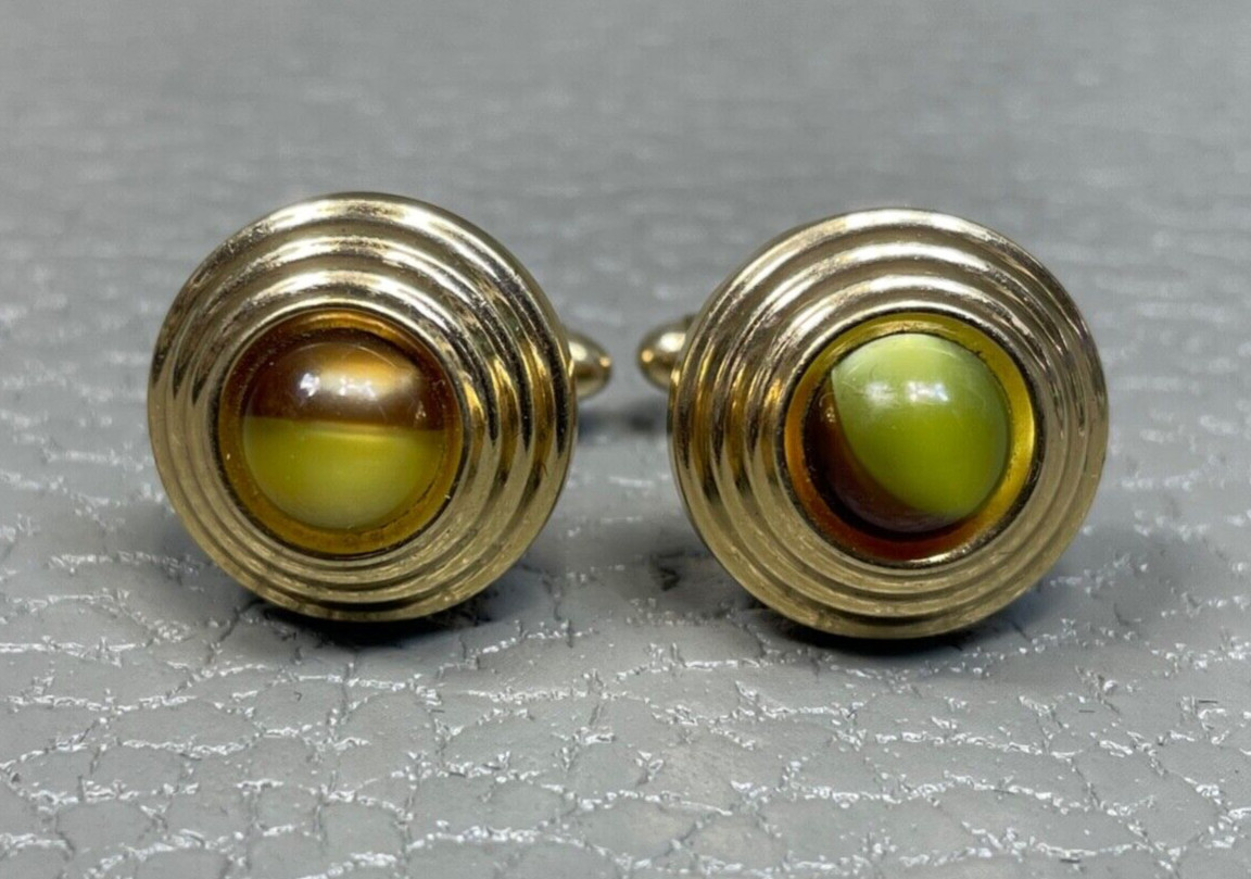 Vintage Two Tone Lucite Yellow Gold Plated Cuff Links