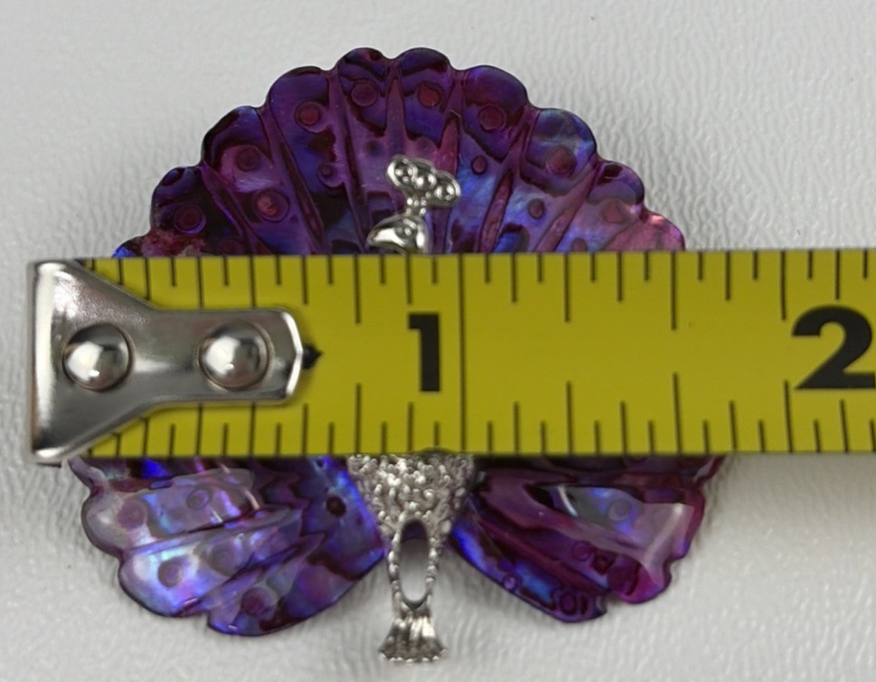Vintage Purple Carved Paua Abalone Shell Peacock Pin Brooch Silver Tone Bird BOX
