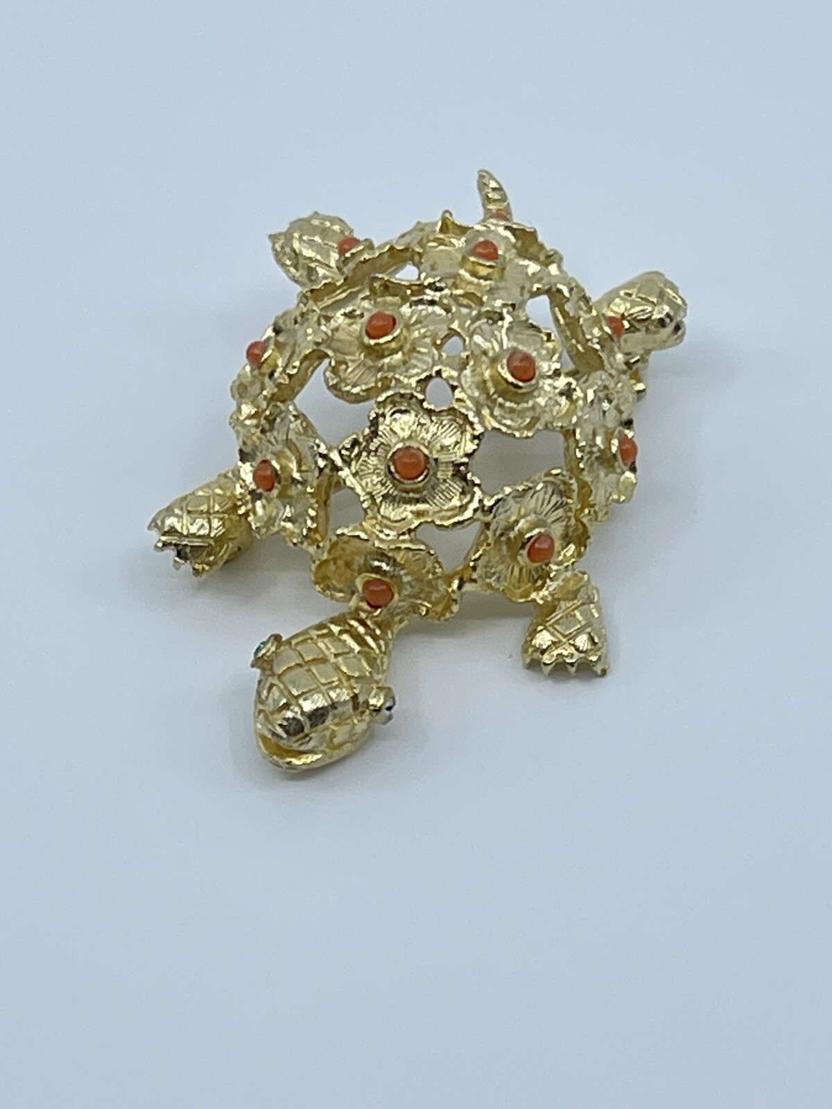Vintage Brooch Pin De Nicola turtle faux coral and green rhinestone 1-3/4″