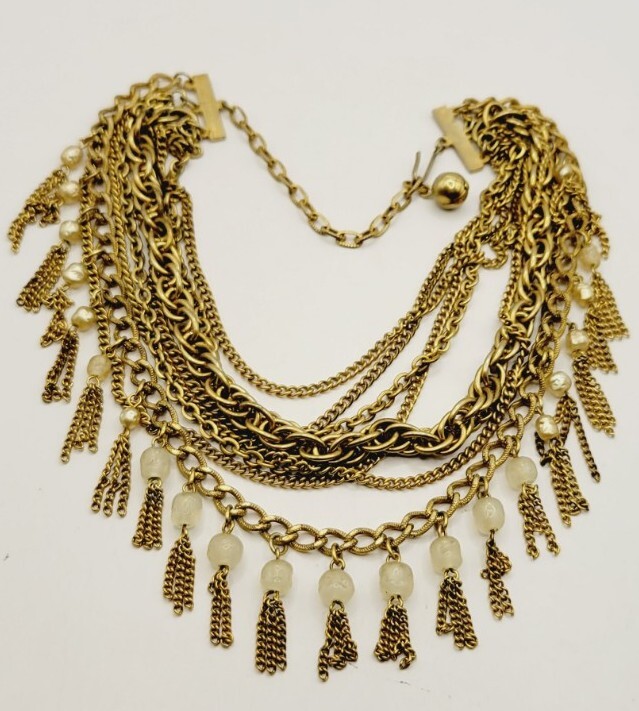 Fringe Necklace Vintage 8 Layers Layered Gold tone Multichain Beaded 16.5″