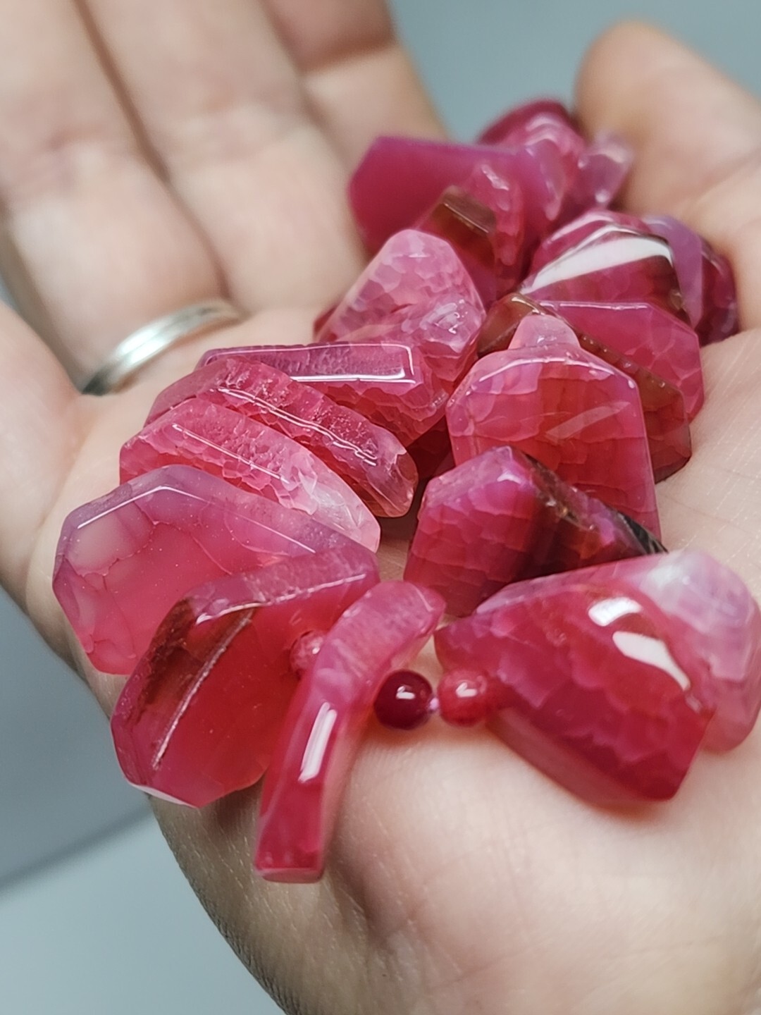 Gorgeous Pink Crackle Agate Stone .925 Clasp Statement Beaded Necklace 148g