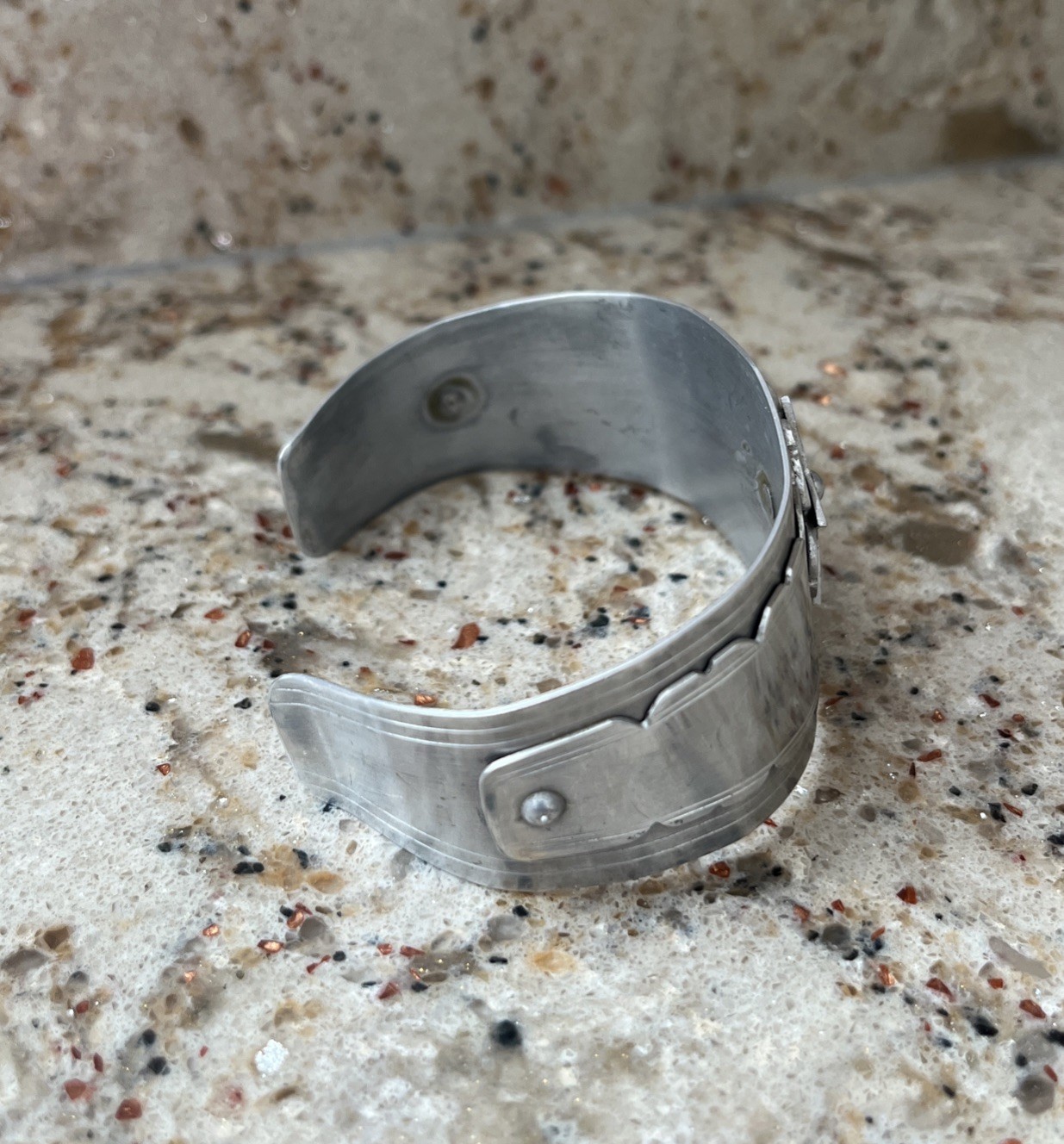 Vintage WWII Era Trench Cuff Bracelet Layered Aluminum Star Floral