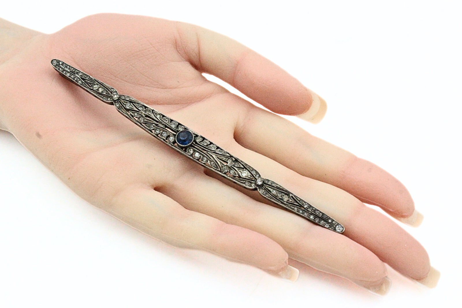 Antique French Edwardian Coin Slver Paste Glass Blue 5″ Trombone Bar Pin