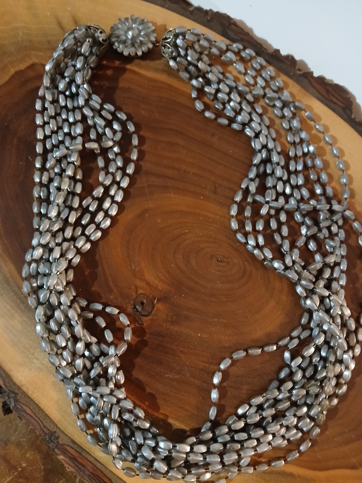 Vintage Gray Pearl Bead 12- Strand Necklace Beautiful Ends, Clasp 12″.