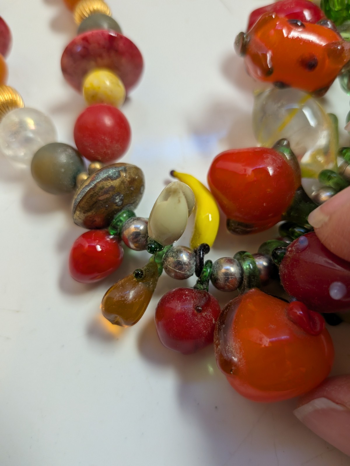 Vtg Fruit Salad Art Glass Fruit Dangle Charm Style Necklace Bananas Apple Grapes