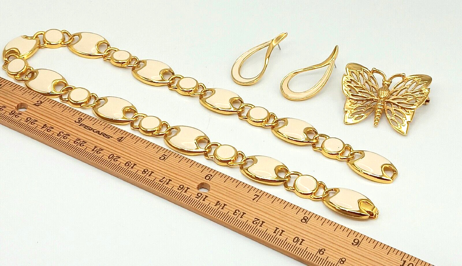 Ivory and Gold Tone Jewelry Lot , Necklace, Earrings, Butterfly Pin / Brooch