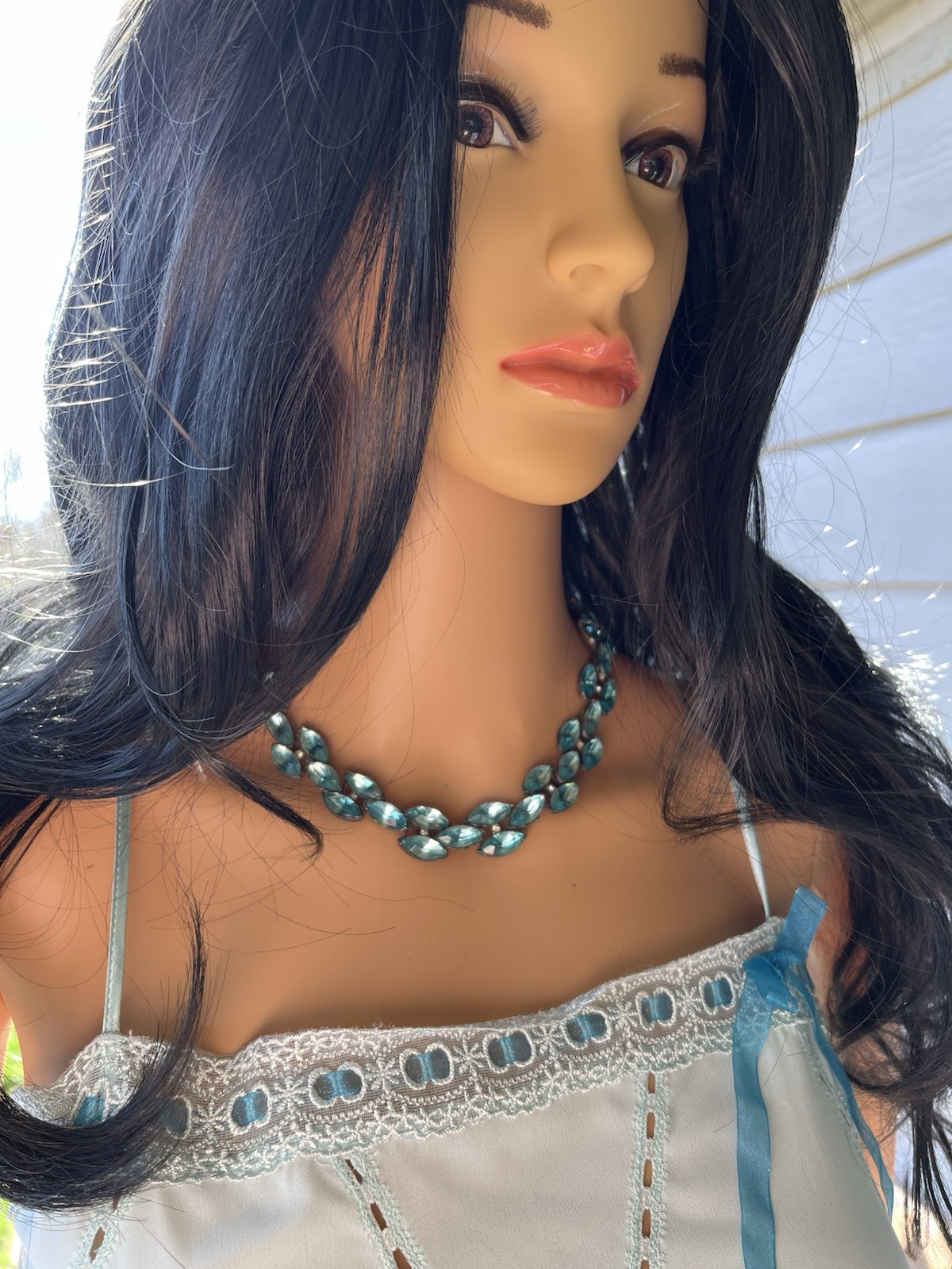 Vintage Aqua Rhinestone Pot Metal Rivière Necklace Not Signed