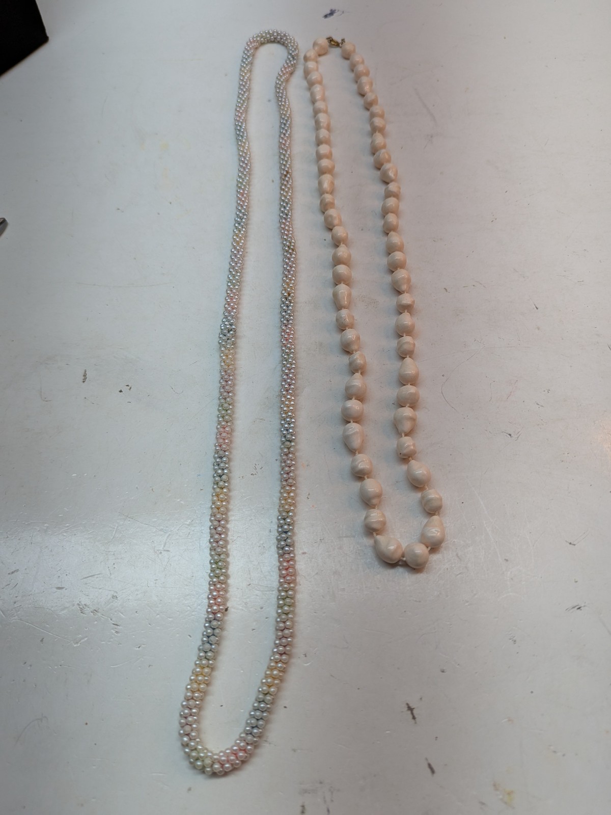 LOT OF 2 White Necklace Cluster Popcorn Twisted Faux Pearl and Seashell Beads