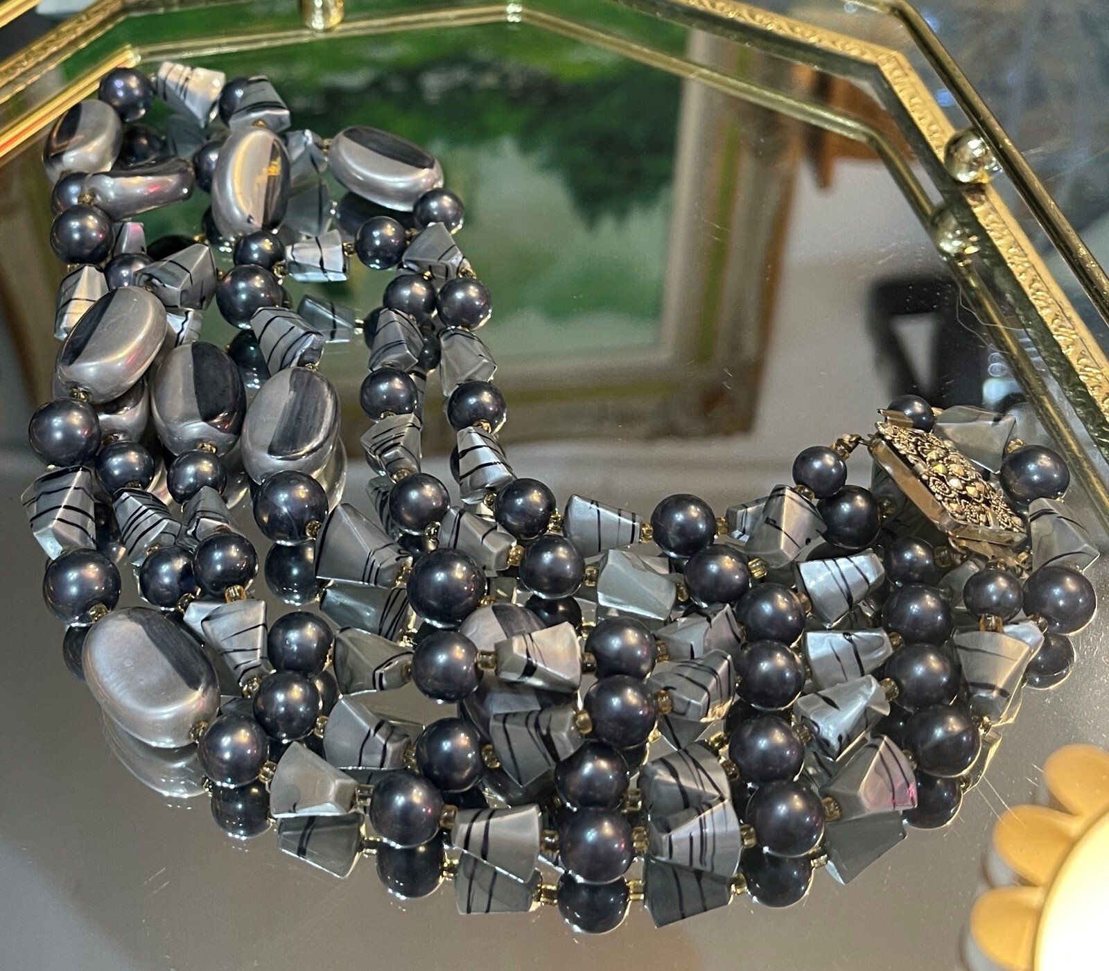 Vintage Hong Kong Marbled Gray Beads Different Shapes Multi Strand Necklace