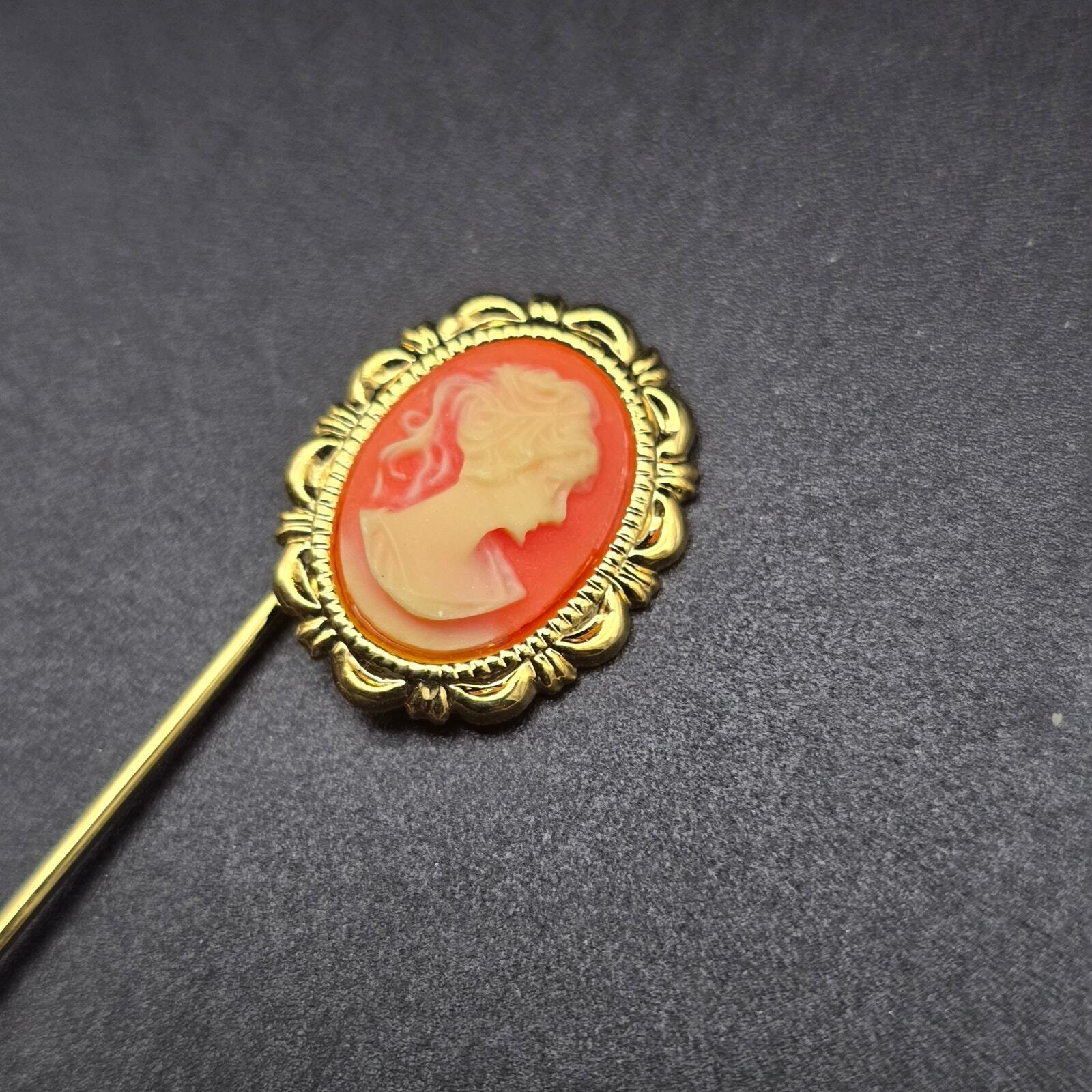 Vintage Cameo Stick Pin Gold Tone Orange Cream Lady Face