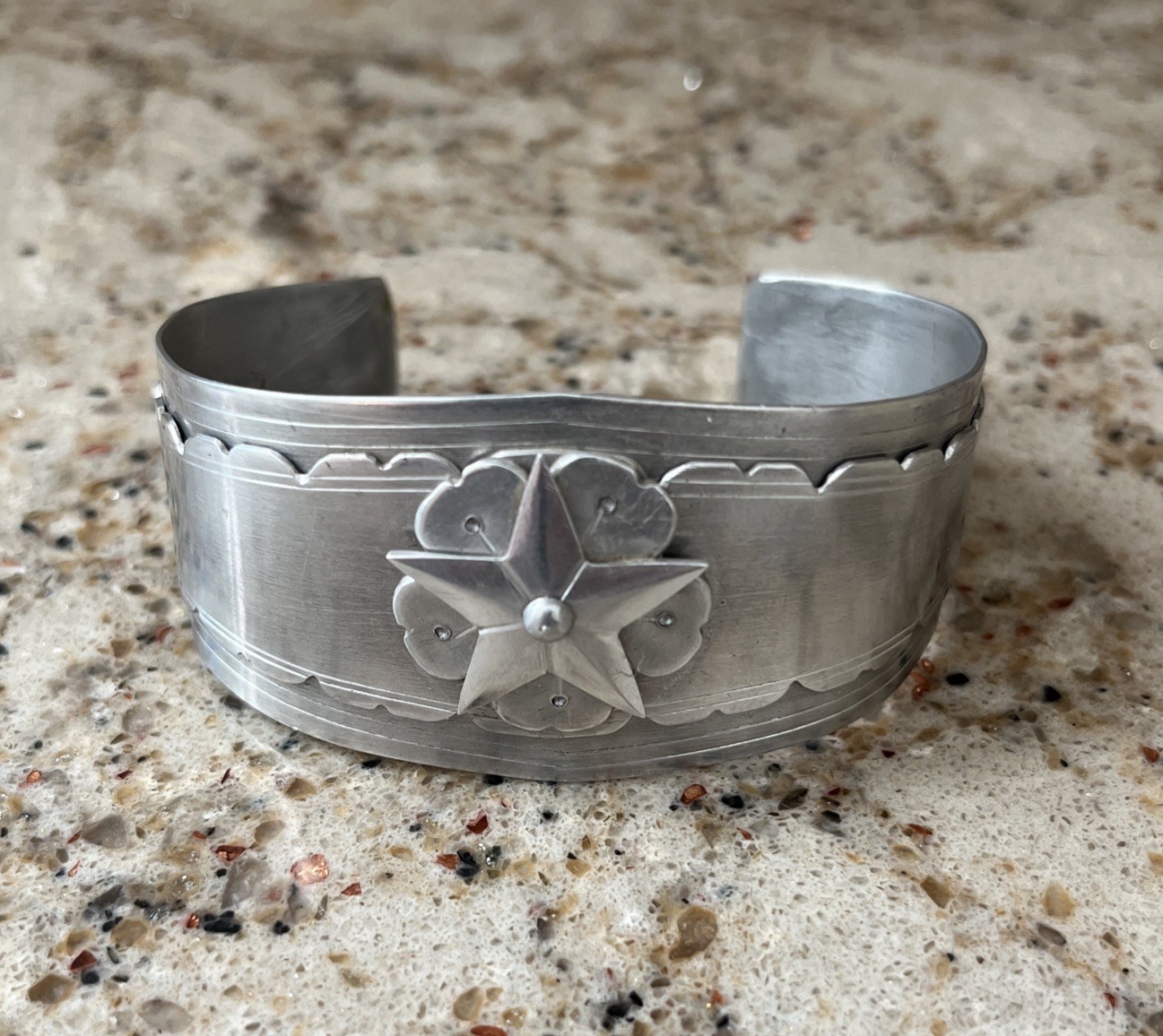 Vintage WWII Era Trench Cuff Bracelet Layered Aluminum Star Floral