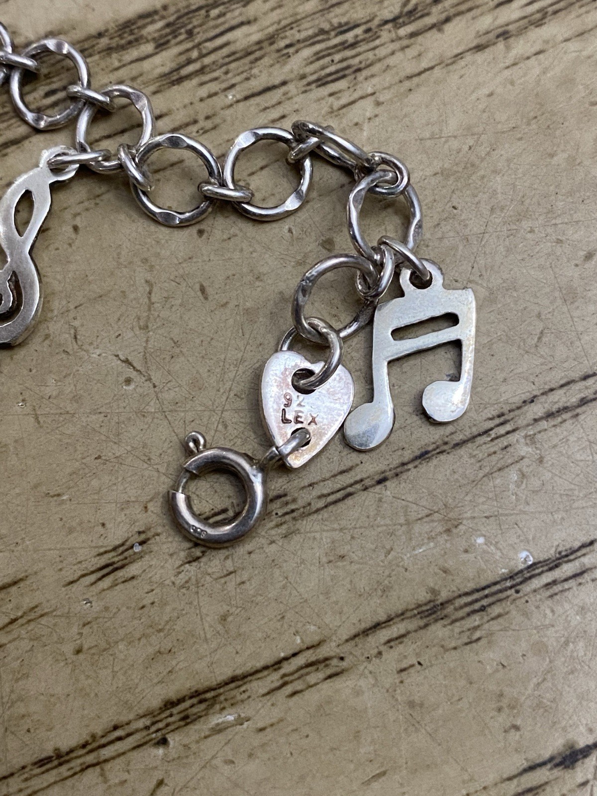 VINTAGE MUSIC CLEFT & 16TH NOTES 7″ STERLING SILVER STAMP 925 LEX CHARM BRACELET