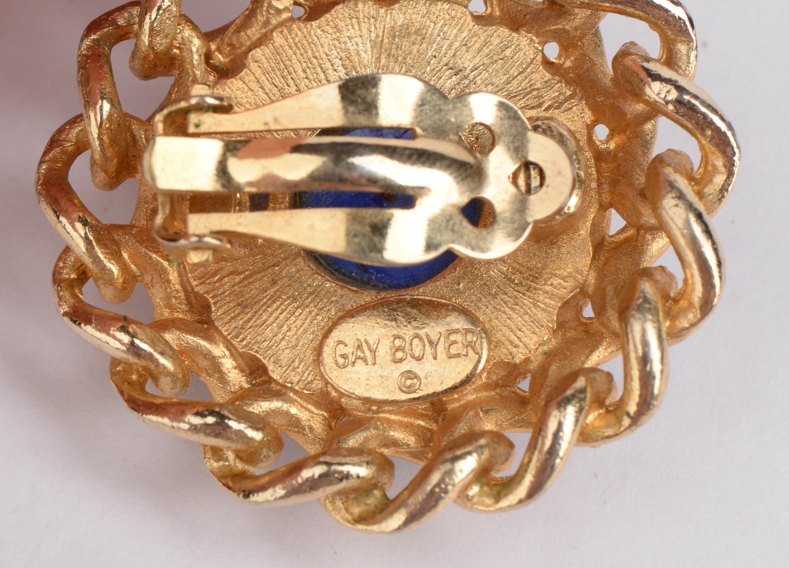 Vintage Gay Boyer Blue Cabochon Gold Tone Clip On Earrings 1.38in