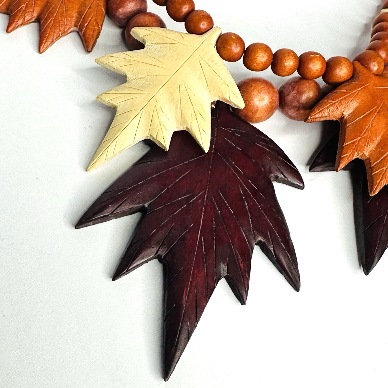 VTG Boho Wooden Leaf Necklace Double Strand Beaded Autumn Fall Colors Statement