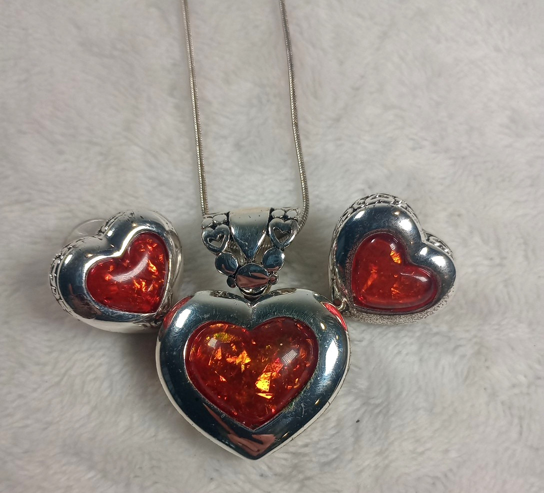 Vintage Silver Tone Amber Heart Necklace Earrings Set Romantic Valentine