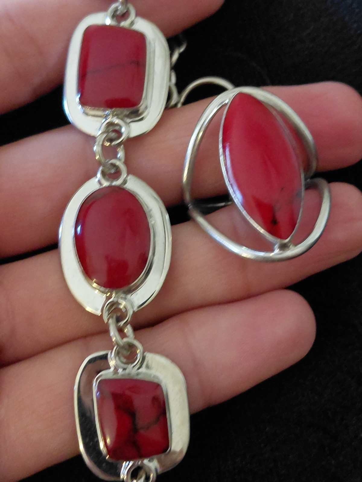 Taxco Vintage Signed ATI Mexico Sterling Silver Red Jasper Bracelet And Ring Set