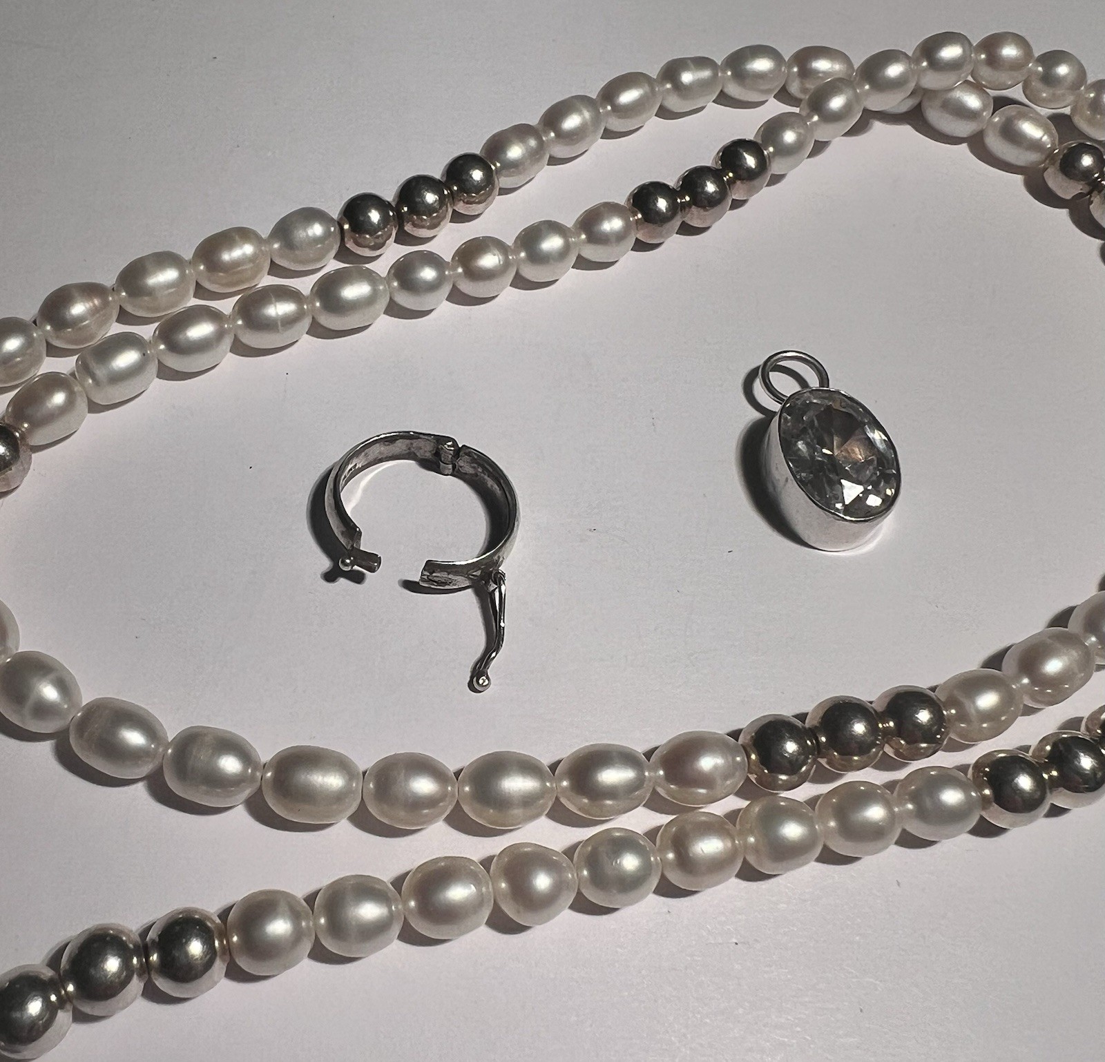 Harlene Korey Kalibre Sterling Freshwater Pearl Necklace Crystal Pendant
