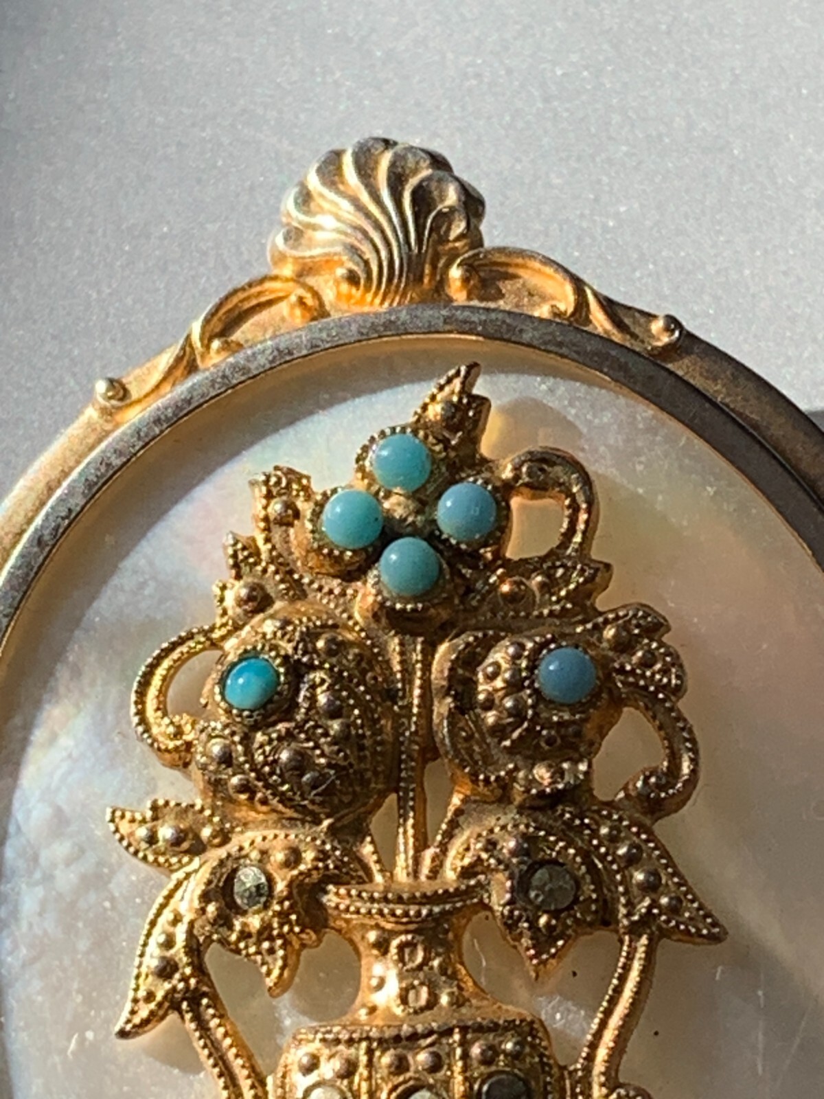 Mourning Pin Gold Wash Marquisate Turquoise Stones Florenza? Victorian Revival