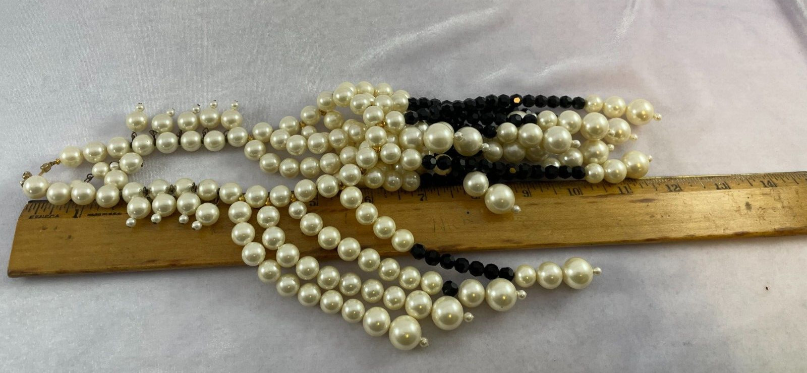 Vtg MARVELLA Fringe Bib Collar Faux Pearl Black Faceted Crystal Choker Necklace