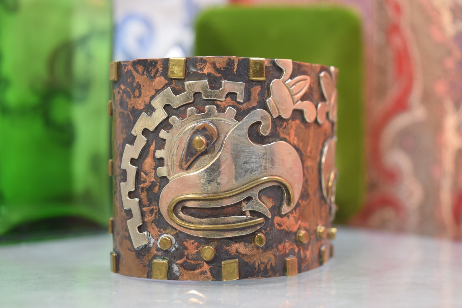 Vintage Mexico Mixed Metal Huge Aztec Bracelet Sterling Copper Brass 8″