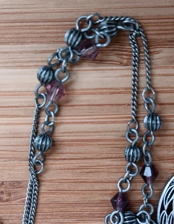 Vintage gunmetal pendant W/ pink rhinestones & purple/pink bead accents, 18-21″