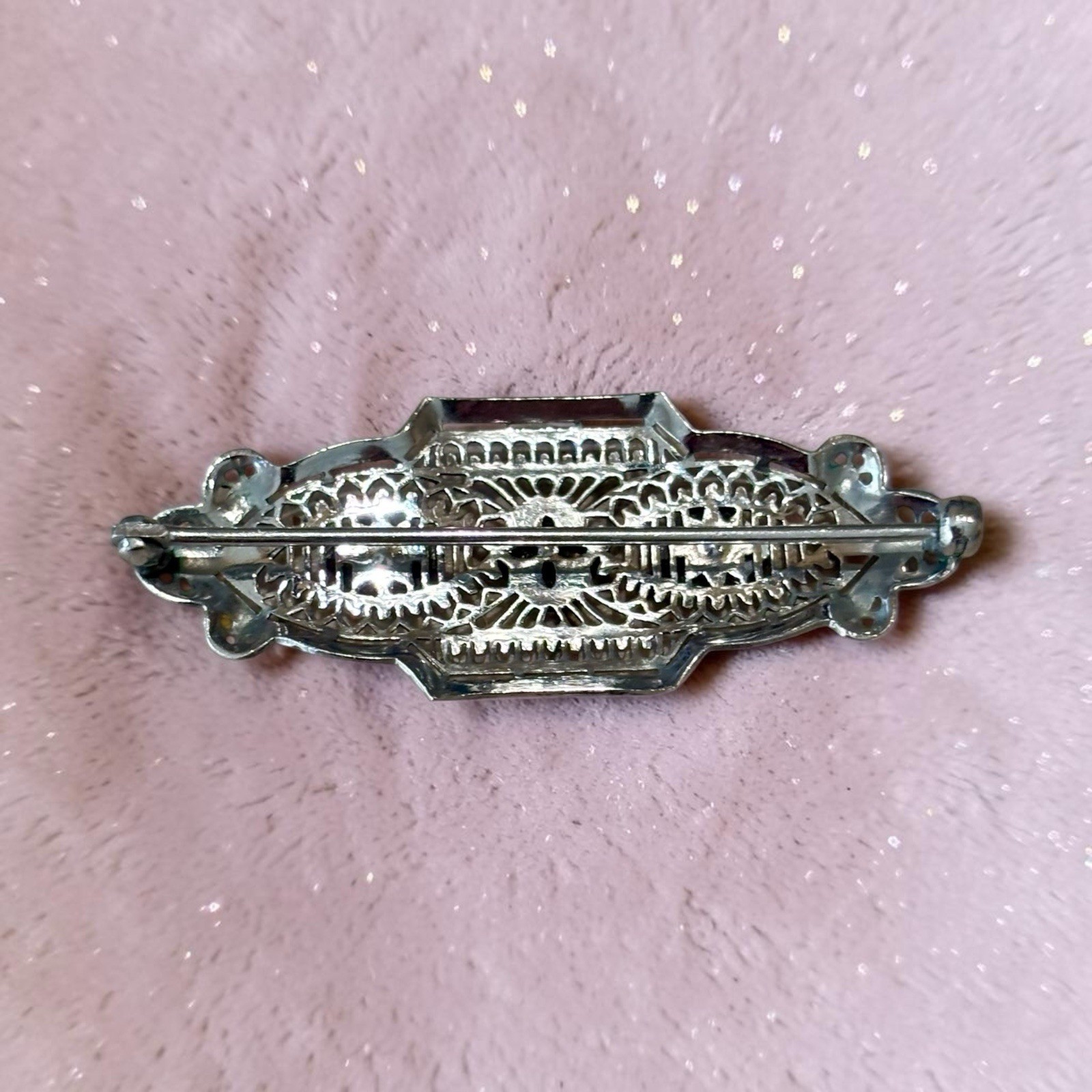 Vintage Art Deco Filigree Silver Tone Brooch Paste Glass Rhinestone Pin 1930s